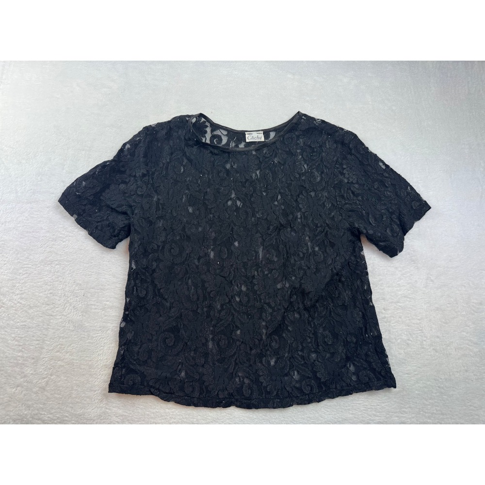 Cliche Black Floral Lace Short Sleeve Top Sheer Crew Neck Vintage Style Womens M